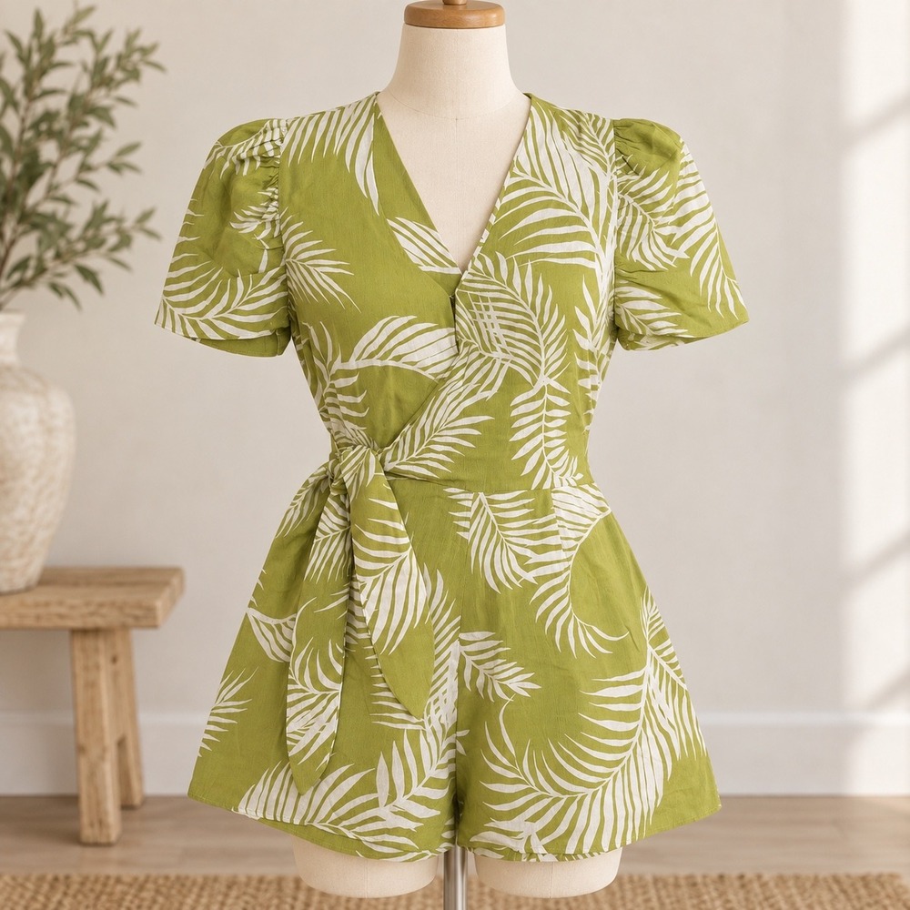 Cleobella Anthropologie Tropical Palm Print Wrap Romper S Resort Vacation Boho